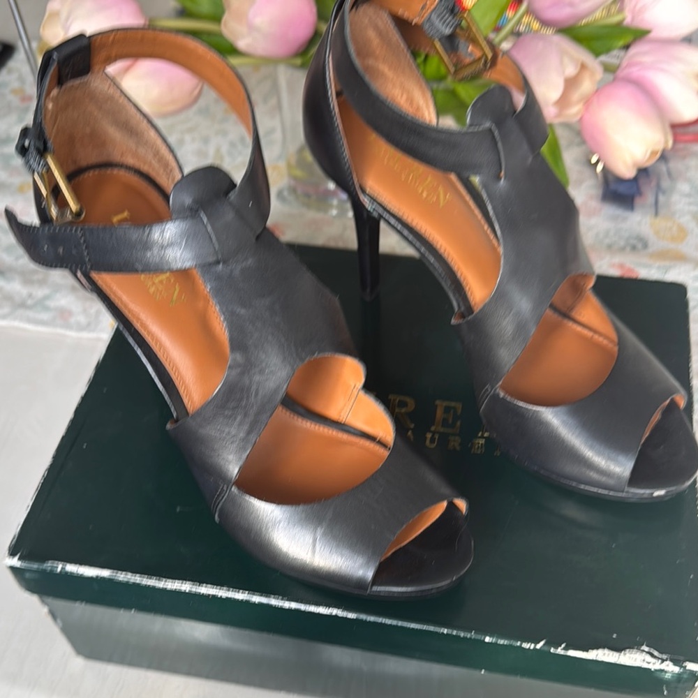 Ralph Lauren Black Heeled Sandals with Strappy Design